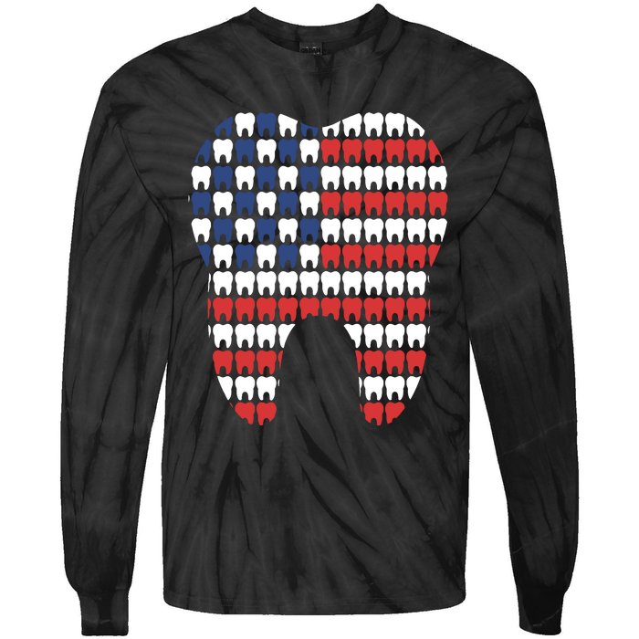 Patriotic Dentist American Flag Tooth 4th Of July Women Tie-Dye Long Sleeve Shirt