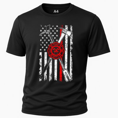 Patriotic Design Axe Halligan Thin Line Red Firefighter Cooling Performance Crew T-Shirt