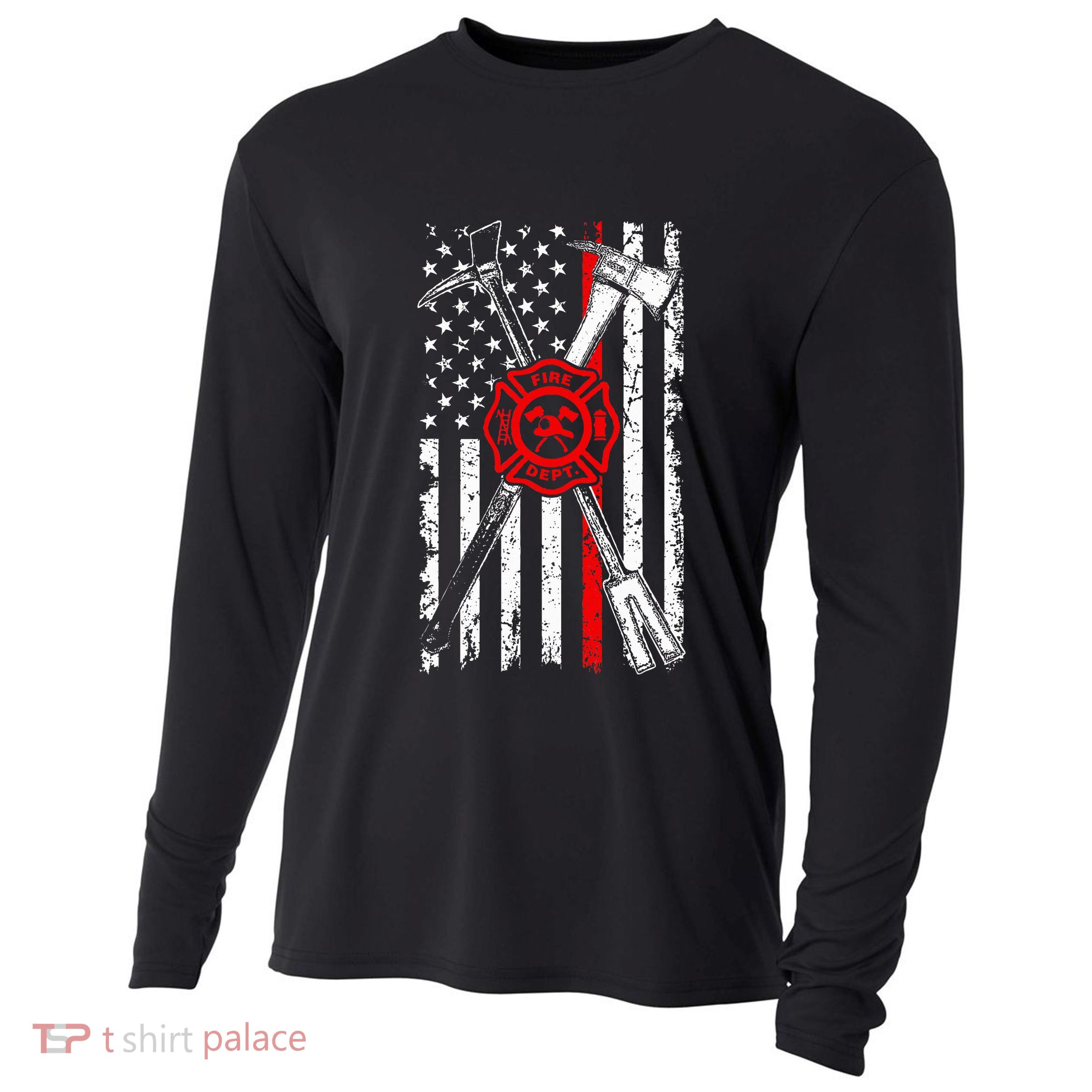 Patriotic Design Axe Halligan Thin Line Red Firefighter Cooling Performance Long Sleeve Crew