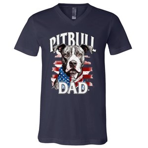 Pitbull Dad American Flag 4th Of July Dog FatherS Day V-Neck T-Shirt