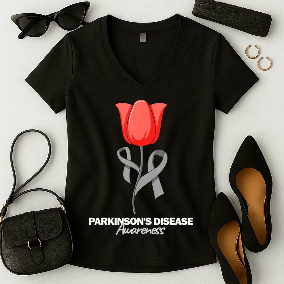 ParkinsonS Disease Awareness April Month Red Tulip Women's V-Neck T-Shirt