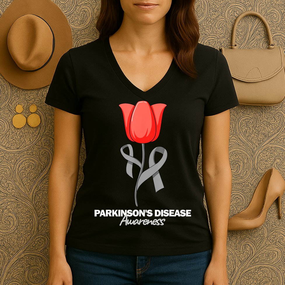 ParkinsonS Disease Awareness April Month Red Tulip Women's V-Neck T-Shirt