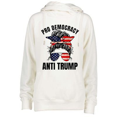 Pro Democracy Anti Trump Messy Bun American Flag Women Womens Funnel Neck Pullover Hood