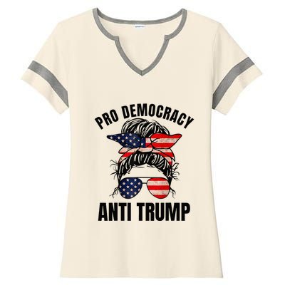 Pro Democracy Anti Trump Messy Bun American Flag Women Ladies Halftime Notch Neck Tee