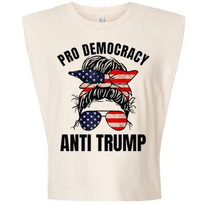 Pro Democracy Anti Trump Messy Bun American Flag Women Garment-Dyed Women's Muscle Tee