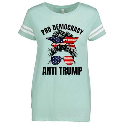 Pro Democracy Anti Trump Messy Bun American Flag Women Enza Ladies Jersey Football T-Shirt