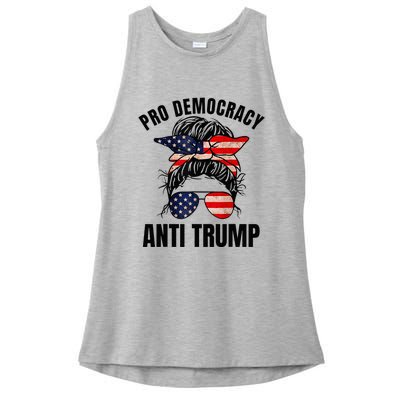 Pro Democracy Anti Trump Messy Bun American Flag Women Ladies PosiCharge Tri-Blend Wicking Tank