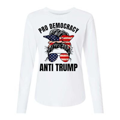 Pro Democracy Anti Trump Messy Bun American Flag Women Womens Cotton Relaxed Long Sleeve T-Shirt