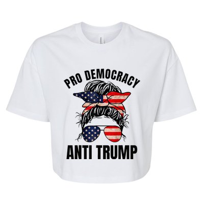 Pro Democracy Anti Trump Messy Bun American Flag Women Bella+Canvas Jersey Crop Tee