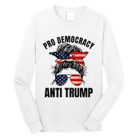 Pro Democracy Anti Trump Messy Bun American Flag Women Long Sleeve Shirt