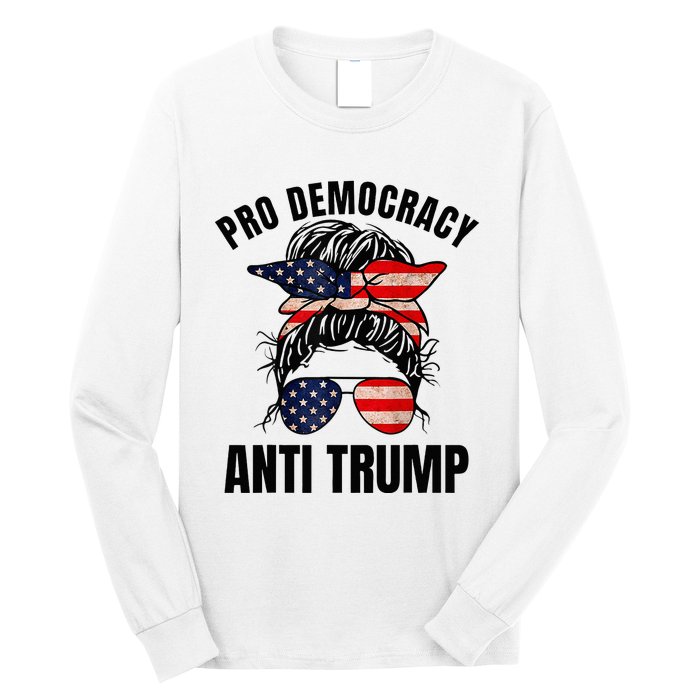 Pro Democracy Anti Trump Messy Bun American Flag Women Long Sleeve Shirt