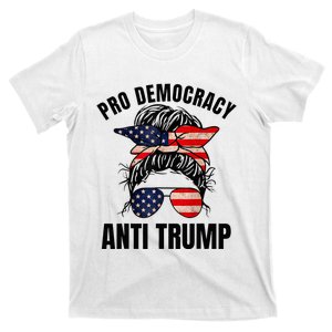 Pro Democracy Anti Trump Messy Bun American Flag Women T-Shirt