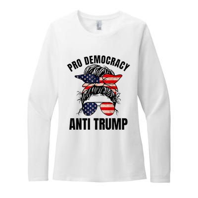 Pro Democracy Anti Trump Messy Bun American Flag Women Womens CVC Long Sleeve Shirt