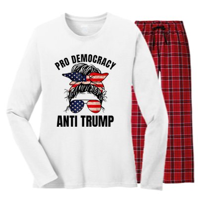 Pro Democracy Anti Trump Messy Bun American Flag Women Women's Long Sleeve Flannel Pajama Set 