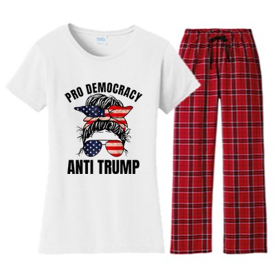 Pro Democracy Anti Trump Messy Bun American Flag Women Women's Flannel Pajama Set