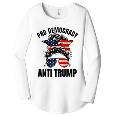 Pro Democracy Anti Trump Messy Bun American Flag Women Women's Perfect Tri Tunic Long Sleeve Shirt