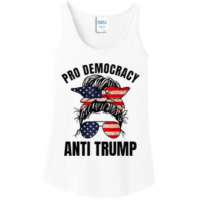 Pro Democracy Anti Trump Messy Bun American Flag Women Ladies Essential Tank