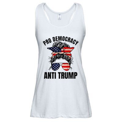 Pro Democracy Anti Trump Messy Bun American Flag Women Ladies Essential Flowy Tank