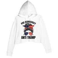 Pro Democracy Anti Trump Messy Bun American Flag Women Crop Fleece Hoodie