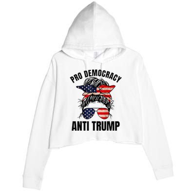 Pro Democracy Anti Trump Messy Bun American Flag Women Crop Fleece Hoodie