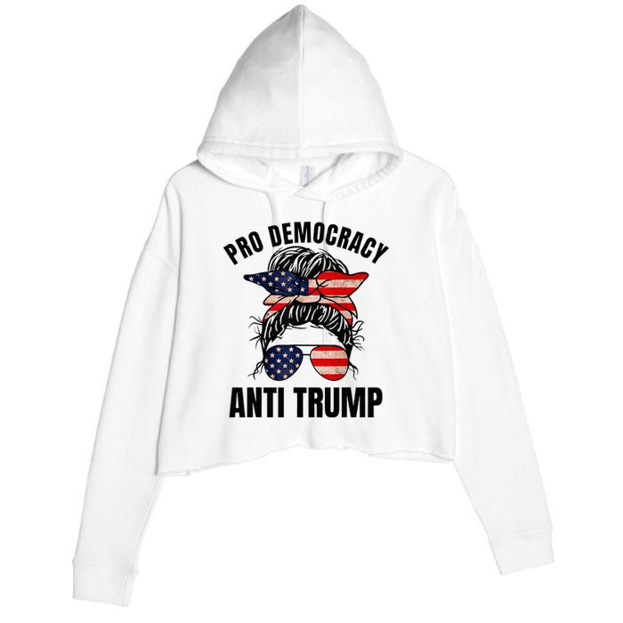 Pro Democracy Anti Trump Messy Bun American Flag Women Crop Fleece Hoodie