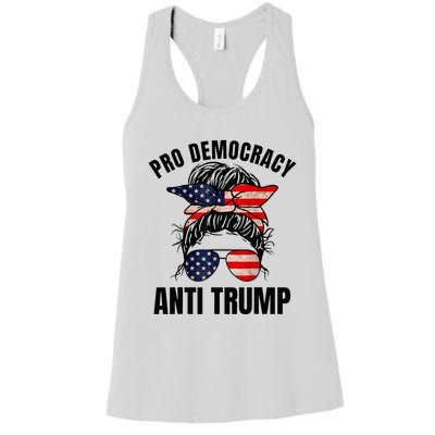 Pro Democracy Anti Trump Messy Bun American Flag Women Women's Racerback Tank