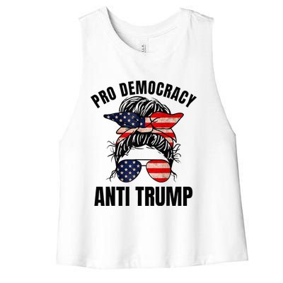 Pro Democracy Anti Trump Messy Bun American Flag Women Women's Racerback Cropped Tank