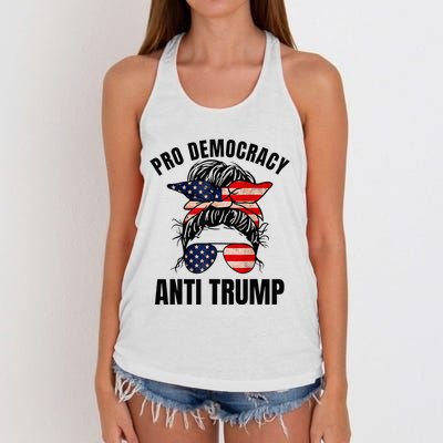 Pro Democracy Anti Trump Messy Bun American Flag Women Women's Knotted Racerback Tank