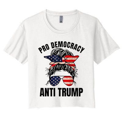 Pro Democracy Anti Trump Messy Bun American Flag Women Women's Crop Top Tee