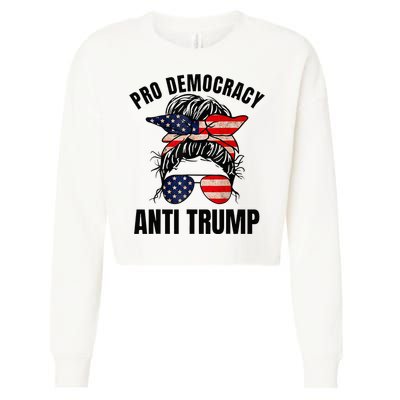 Pro Democracy Anti Trump Messy Bun American Flag Women Cropped Pullover Crew