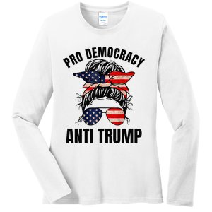 Pro Democracy Anti Trump Messy Bun American Flag Women Ladies Long Sleeve Shirt