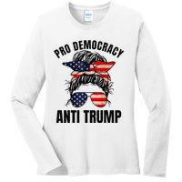 Pro Democracy Anti Trump Messy Bun American Flag Women Ladies Long Sleeve Shirt