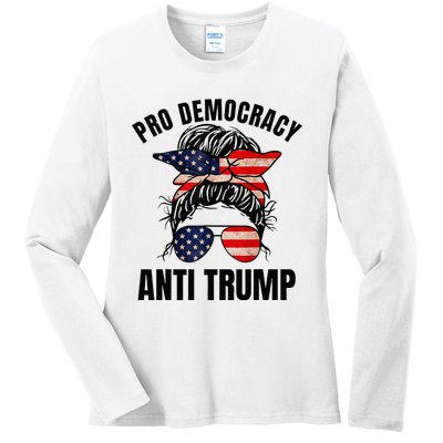 Pro Democracy Anti Trump Messy Bun American Flag Women Ladies Long Sleeve Shirt