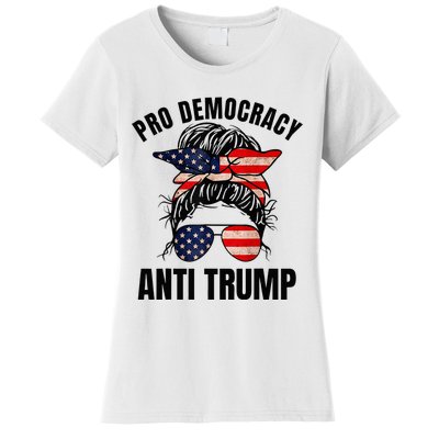 Pro Democracy Anti Trump Messy Bun American Flag Women Women's T-Shirt