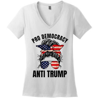 Pro Democracy Anti Trump Messy Bun American Flag Women Women's V-Neck T-Shirt