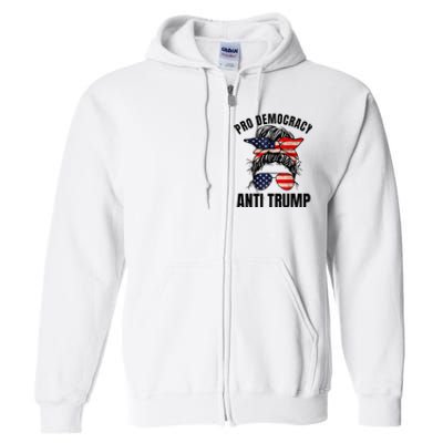 Pro Democracy Anti Trump Messy Bun American Flag Women Full Zip Hoodie