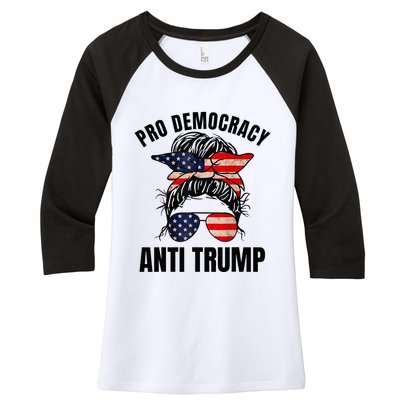 Pro Democracy Anti Trump Messy Bun American Flag Women Women's Tri-Blend 3/4-Sleeve Raglan Shirt