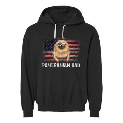 Pomeranian Dad American Pomeranian Dog US Flag 4th Of July Garment-Dyed Fleece Hoodie