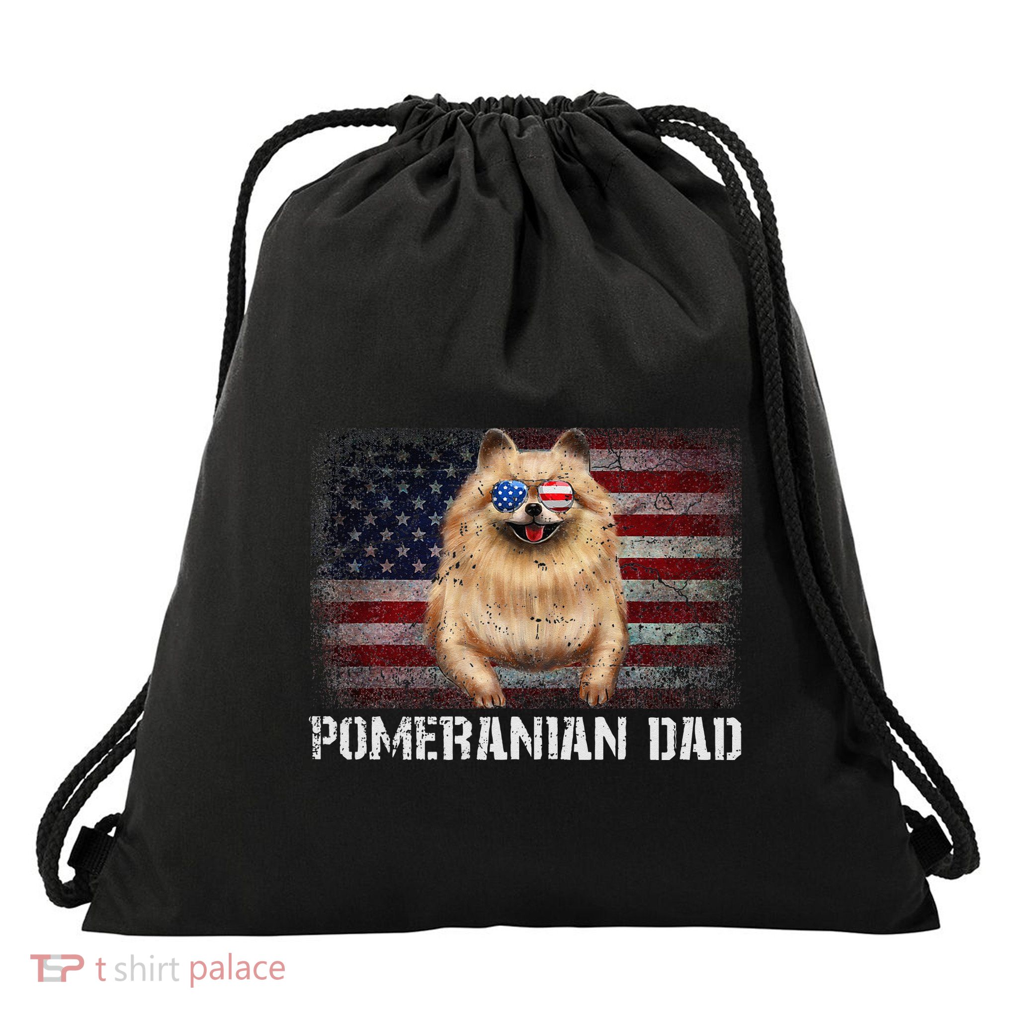 Pomeranian Dad American Pomeranian Dog US Flag 4th Of July Drawstring Bag