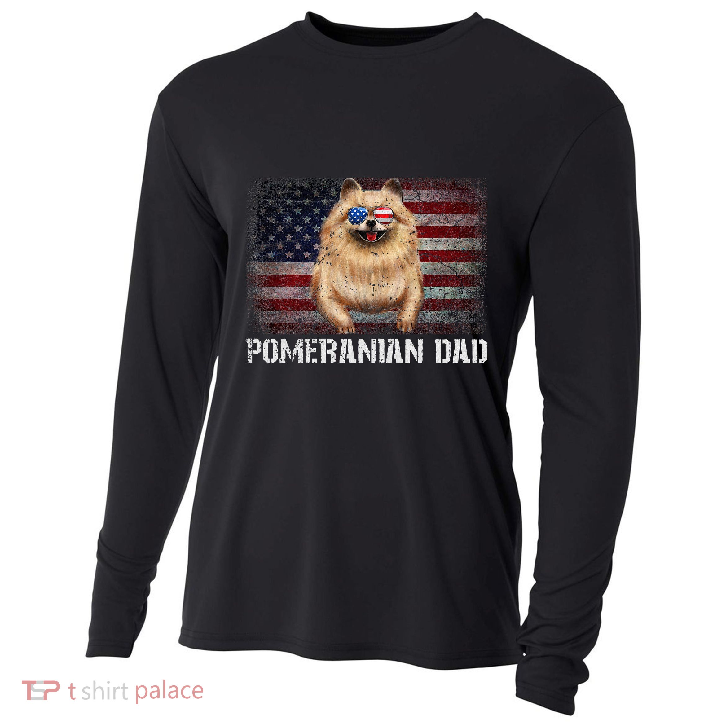 Pomeranian Dad American Pomeranian Dog US Flag 4th Of July Cooling Performance Long Sleeve Crew