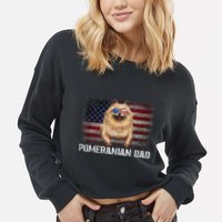 Pomeranian Dad American Pomeranian Dog US Flag 4th Of July Cropped Pullover Crew