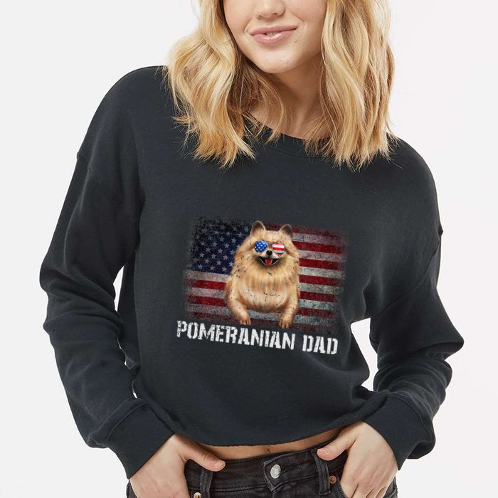 Pomeranian Dad American Pomeranian Dog US Flag 4th Of July Cropped Pullover Crew