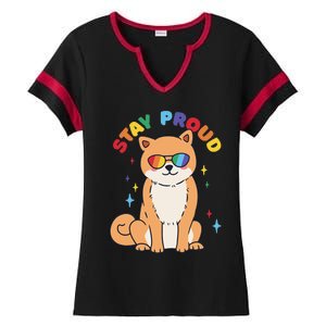 Pride Day Ally Dog Rainbow Sunglasses Stay Proud Ladies Halftime Notch Neck Tee