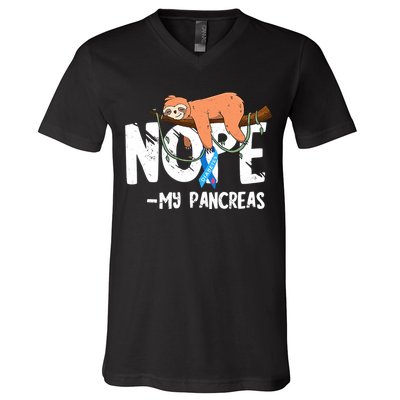 Pancreas Diabetes Awareness Blood Sugar Diabetic Sloth T1D V-Neck T-Shirt
