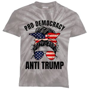 Pro Democracy Anti Trump Messy Bun American Flag Women Kids Tie-Dye T-Shirt