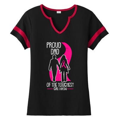 Proud Dad Breast Cancer Awareness Pink Ribbon Girl Warrior Ladies Halftime Notch Neck Tee