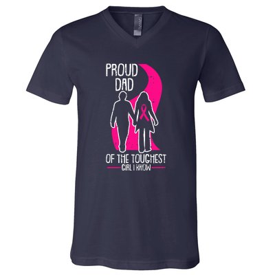 Proud Dad Breast Cancer Awareness Pink Ribbon Girl Warrior V-Neck T-Shirt