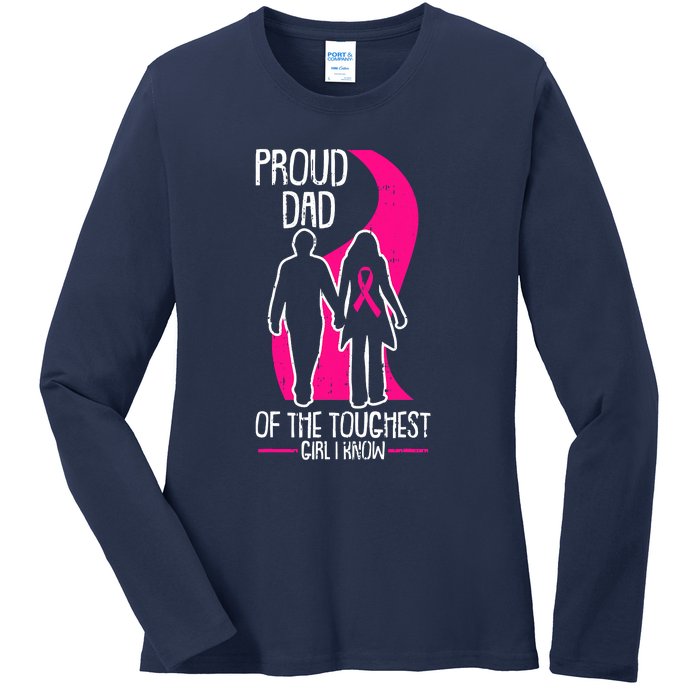 Proud Dad Breast Cancer Awareness Pink Ribbon Girl Warrior Ladies Long Sleeve Shirt