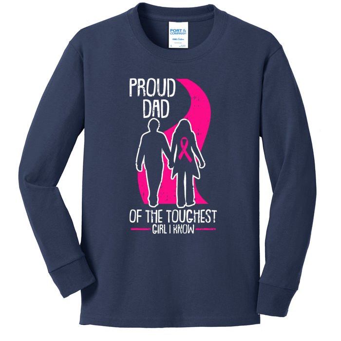 Proud Dad Breast Cancer Awareness Pink Ribbon Girl Warrior Kids Long Sleeve Shirt