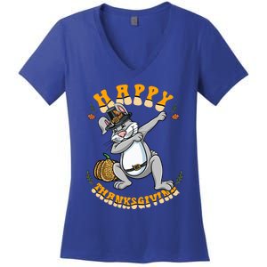 Pilgrim Dabbing Bunny Happy Thanksgiving Gift Women's V-Neck T-Shirt